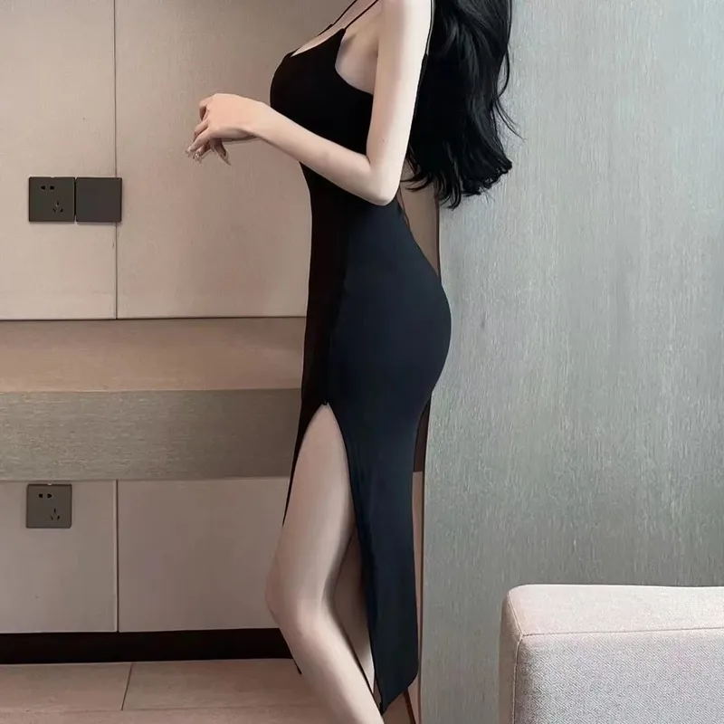 섹시한 Camis Y2K 중반 드레스 여성 여름 빈티지 Y2K 등받이 분할 Kpop 드레스 여성 저녁 파티 네이비 블랙 오프 어깨 천