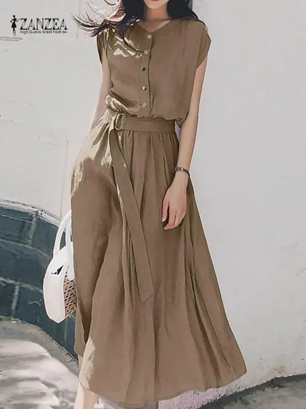 2025 ZANZEA ผู้หญิงแฟชั่นแขนสั้นฤดูร้อน Elegant Party Vestidos Casual กลางลูกวัว Sundress Femme Vintage OL Robe Kaftan