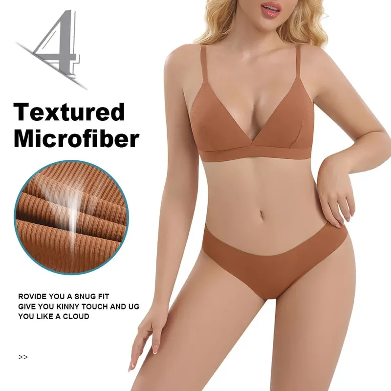Dames naadloze randloze beha geribbelde driehoekige cup ondergoed slips set ondergoed dames set sexy lingerie — image 6