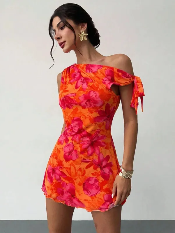 Women'S Spring Summer Floral Print Vacation Casual Off-Shoulder Slouchy Strappy Sleeveless Short Skirt Dress