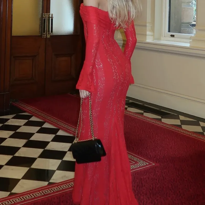 Oligai Autumn Off-Shoulder Maxi Dress Elegant Lace Flare Sleeves Red Evening Party Dress Women's New Arrival 2025 Cocktail Dress
