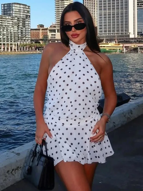 Hugcitar Puantiyeli Baskı Halter Kolsuz Backless Bandaj Seksi Ince Mini Elbise Yaz Kadın Moda Kıyafet Parti Tatil