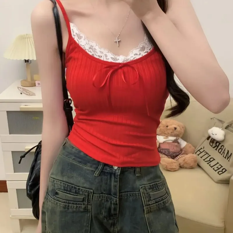 Sexy Patchwork Lace Trim Camis Top Sweet Casual Slim Solid V-Neck Sleeveless Cute Tank Tops Women 2025 Summer Streetwear Lady