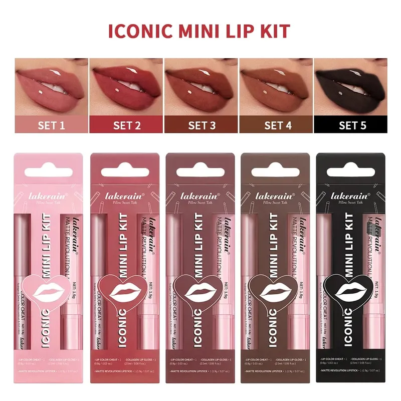 Set Lip Liner + Lipstik 5 Warna dan Pewarna Bibir Kit Bibir Matte Mudah Diwarnai Lipstik Merah Tahan Lama Set Rias Bibir