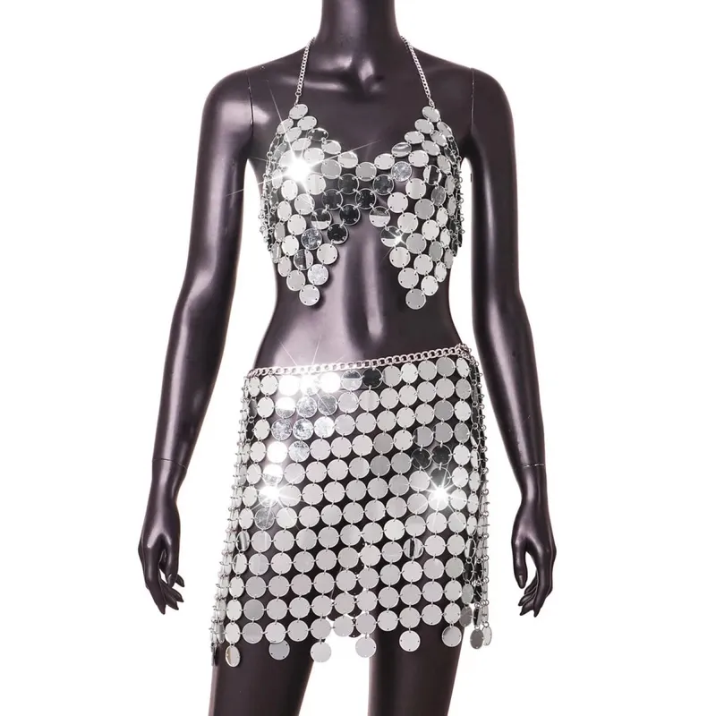 Women Sequin Chain Metal Tops Carnival Backless Metallic Hollow Adjustable Reflective Nightclub Top For Women топ женский