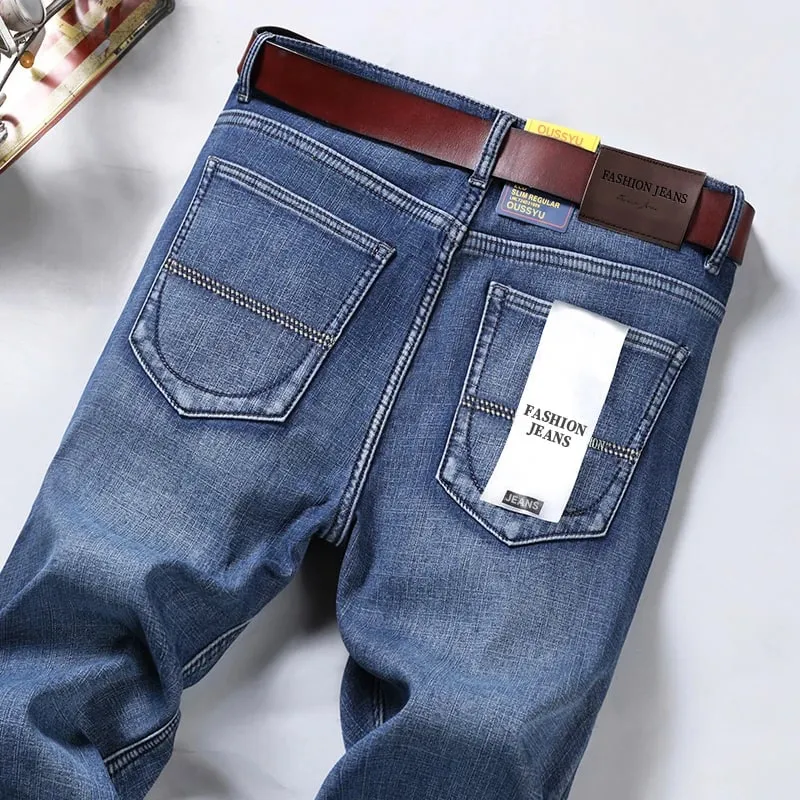 Good Quality Autumn Winter Men's Jeans Classic Retro Blue Denim Pants Work Straight Stretch Cotton Trousers Streetwear Plus Size — image 2