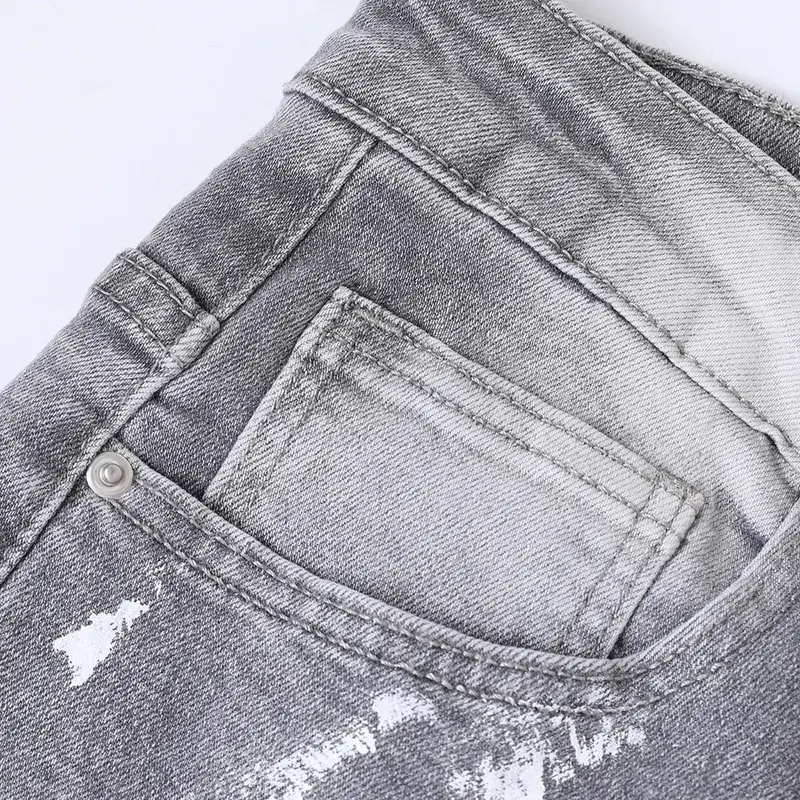 Men Painted Flared Denim Jeans Spliced Slim Boot Cut Pants Vintage Grey Cotton Released Hem Trousers