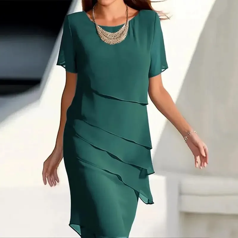 New Women's Dress O-neck Short-sleeved Ruffle Elegant Solid Color Simple Fashiona Midi Skirt