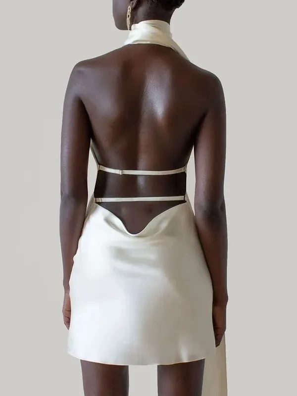 VGH Patchwork Resmi Elbiseler Kadınlar Için Halter Yaka Kapalı Omuz Kolsuz Yüksek Bel Backless Saten Mini Elbise Kadın Tarzı
