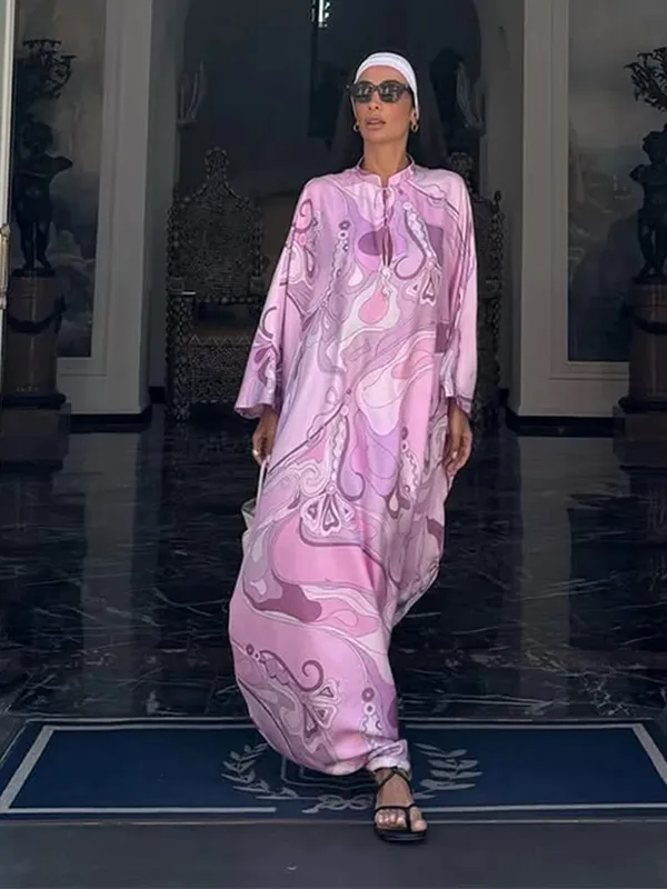 Oversized Women's Print Kaftan Maxi Dress With Pink Pattern Loose Fit Full Sleeve Long Dresses Summer Beach Vacation Outfit Robe