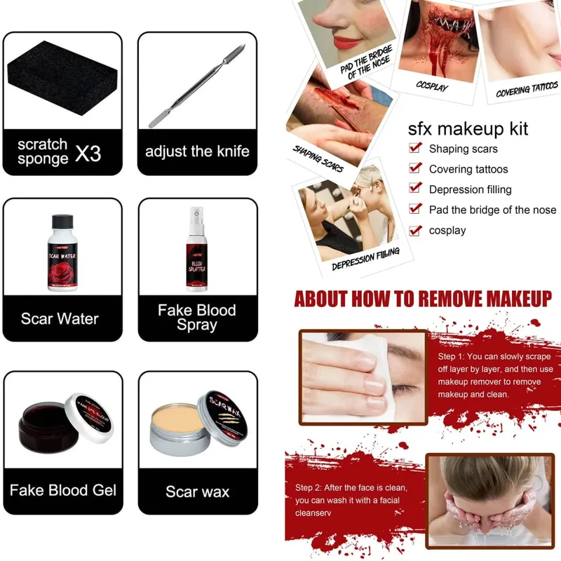Halloween Special Effects Makeup Kit 1Pc Fake Blood Gel Scar Water Scar Wax Adjust Knife Fake Blood Spray 3Pcs Sponge Set