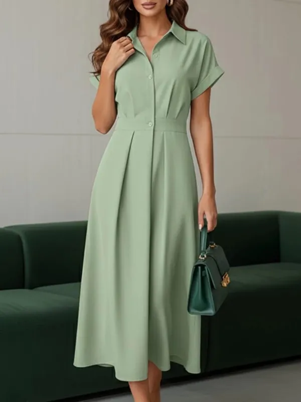 Elegant Chic Women Long Dresses Casual Short Sleeve Collared High Waisted Casual & Day Shirt Dress Solid Color S-3XL