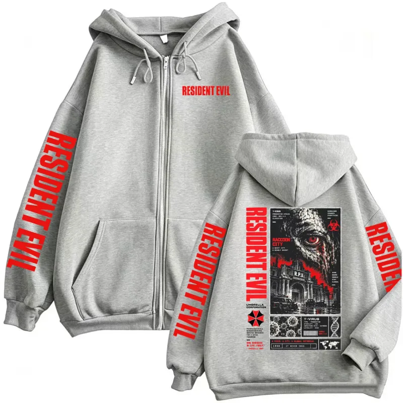 Vintage Resident Evil T-Virus Horror Gaming Zip Up Hoodies Men Women Harajuku Gothic Fashion Jacket Sweatshirts Coats Streetwear