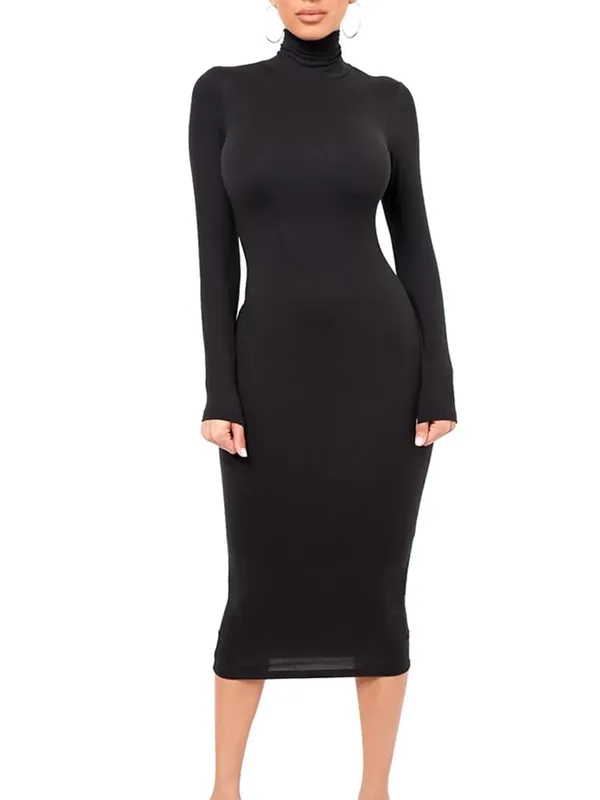 Vinter Svart Turtleneck Sexig Damklänning Höst Långärmad Skinny Midi Boydcon Casual Blå Plysch Knälång Party Club