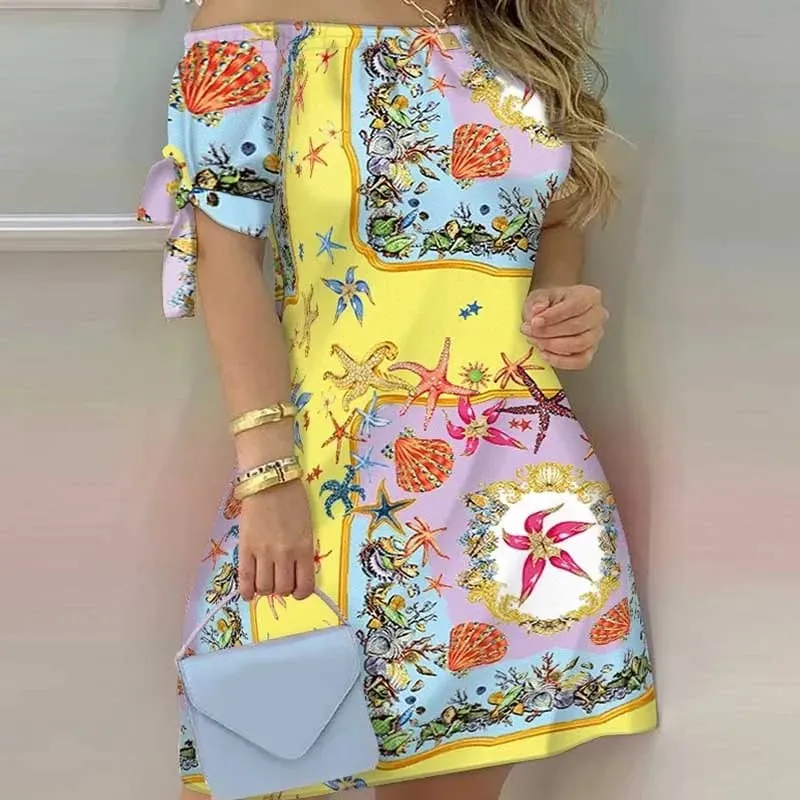 Women Off Shoulder Mini Dress Summer Sexy Short Sleeve Bow Tie Striped Floral Print Dresses Fashion Casual Loose Dress