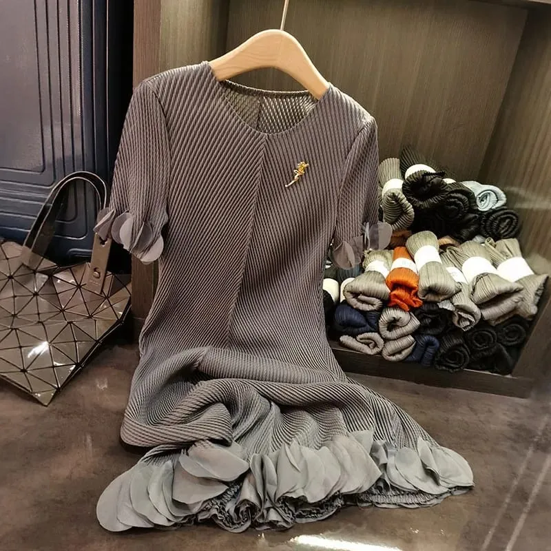Miyake Pleated Dresses 2025 Summer New Plisse Round Neck Fold Elegant Pleat Solid Loose Thin Short Sleeve Pleats Dress Women