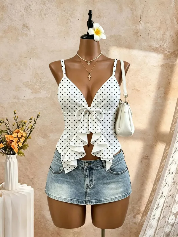 Women Thin Spaghetti Strap Deep V Front Self Tie Ruffle Hem Slim Crop Camisole 2026 Summer Y2K Solid White Sleeveless Going Out — image 7