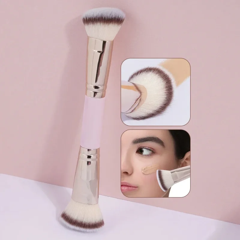 Double Head Makeup Brushes 2 In 1 Flat/Angled Foundation Concealer Contour Brush for Blending Loose Powder Liquid Cream