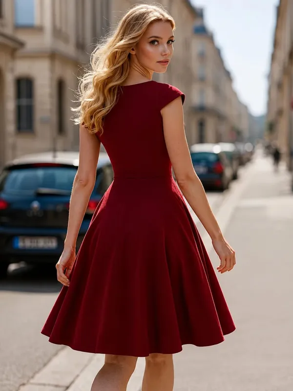 Damen-Kleid, elegant, Rundhalsausschnitt, Sommer, kurzärmelig, einfarbig, A-Linie, knielang, Kleid mit hoher Taille, für Party, Hochzeit, lässiger Abgang