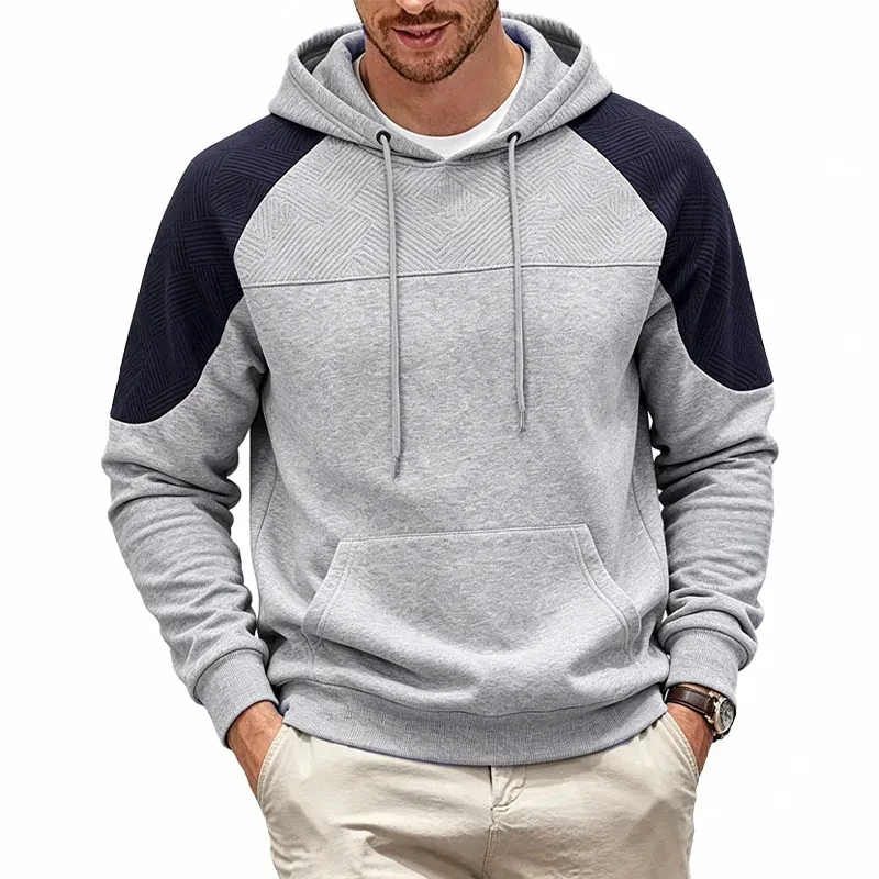 Men Patchwork Color Block Pullover Hoodie Drawstring Kangaroo Pocket Long Sleeve Loose Sweatshirt Autumn Winter Streetwear Tops