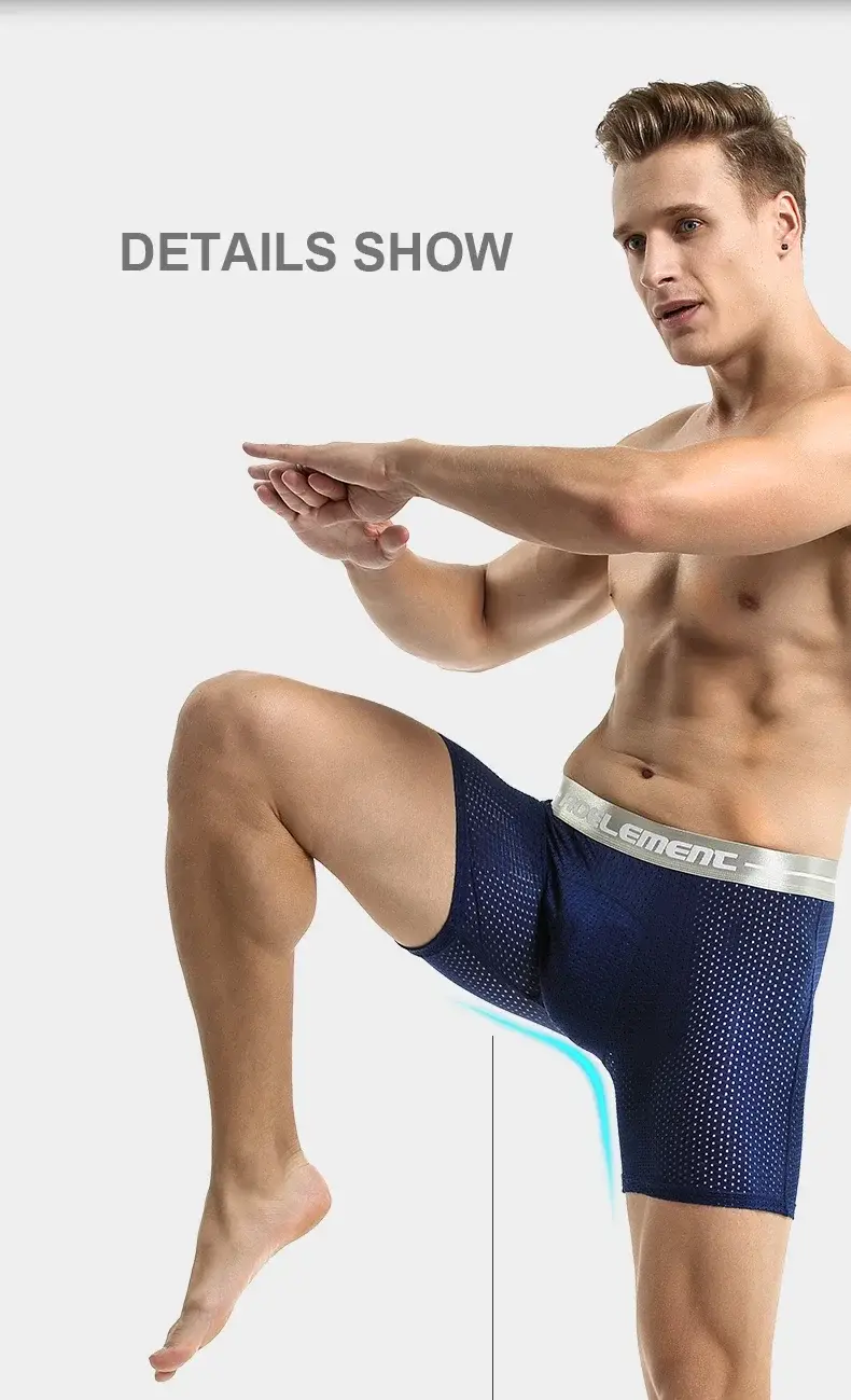 Professional sports men's underwear lengthened anti-wear leg boxer shorts ice silk hollow breathable quick dry running long leg