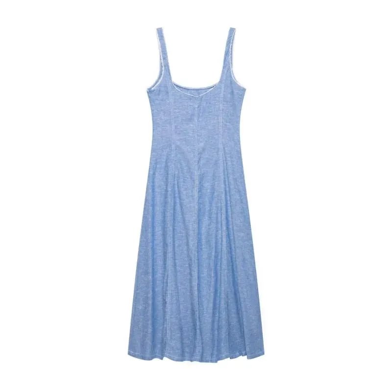 Women's Lace Trim Dress Summer New Square Collar Wide Strap Sleeveless Midi Dress Fashion Casual Female Daily Commute Dresses