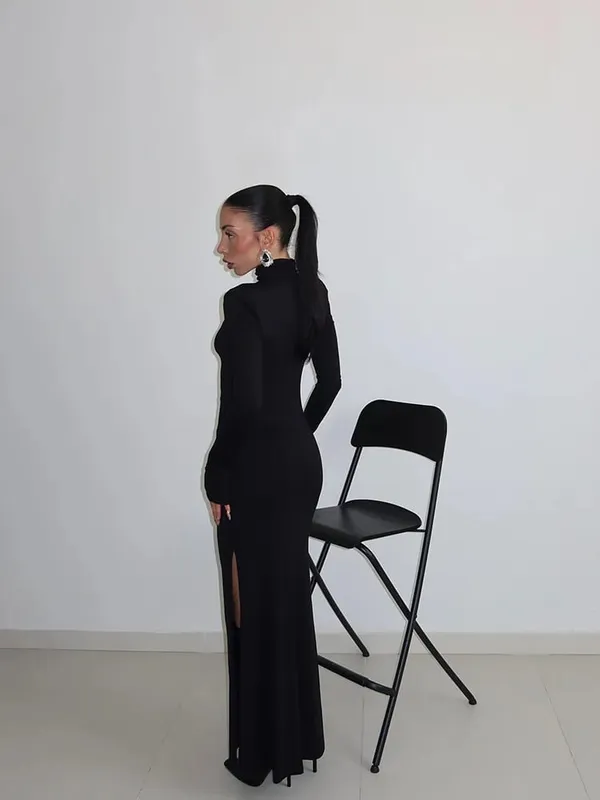 Ahagaga Guaina sexy Abiti maxi da donna Dolcevita solido Maniche lunghe regolari Scava fuori Vestibilità aderente Abiti da festa Vestaglie
