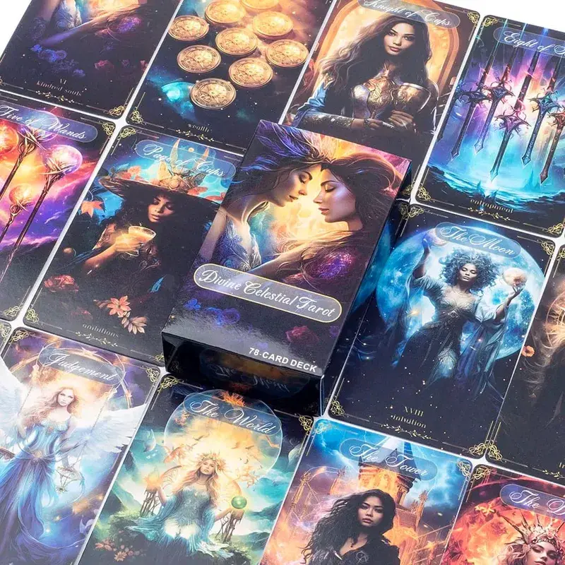 Divine Celestial Tarot Cards 78 Card Deck 10.4*6.1CM for Classmate Gathering Fortune Telling and Divination Board Playing Game