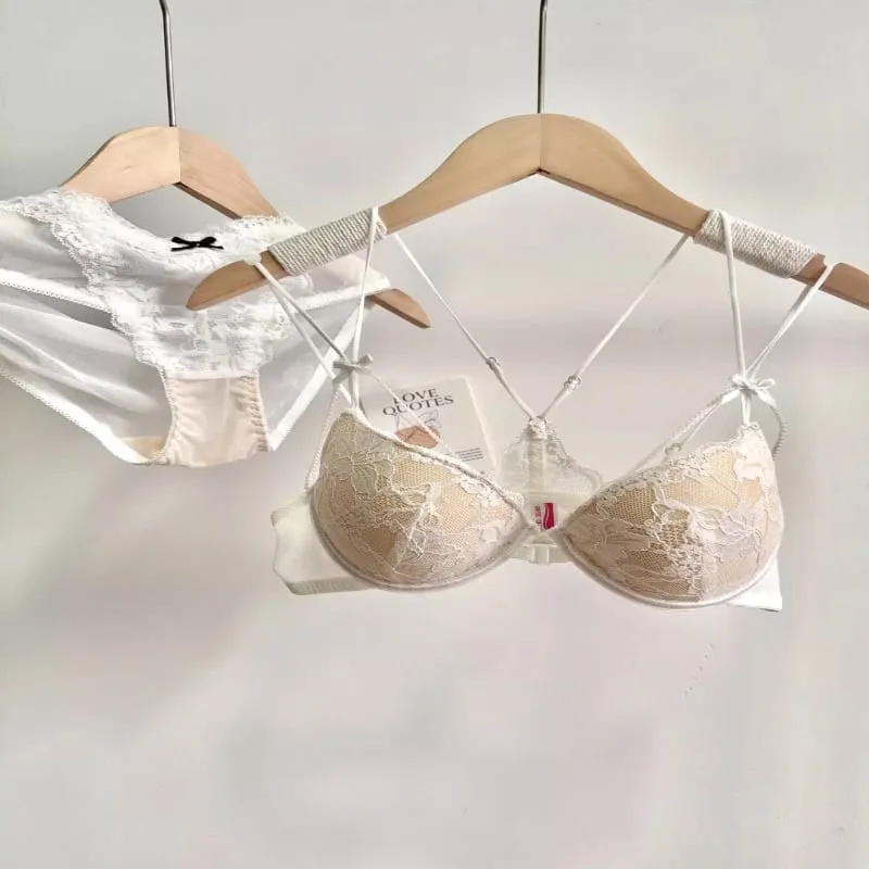 Ladies Front Fastening Lace Lingerie Set Wirefree Push Up Bra Thinly Lined Delicate Straps Comfort Sexy Everyday Underwear Set