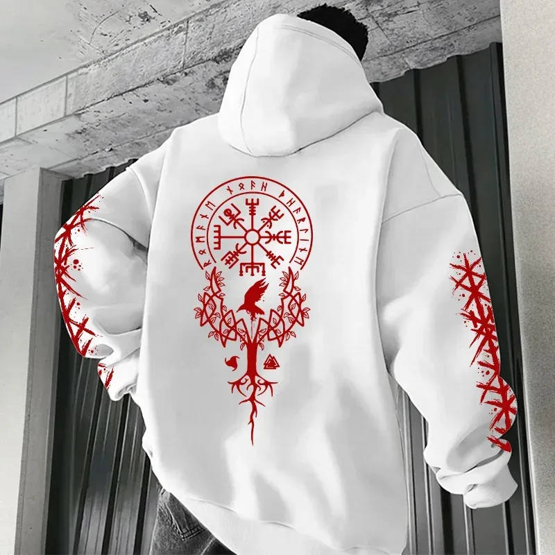 Edisi Musim Sejuk dan Musim Luruh Viking Nordic Runes Bercetak Baju Bertudung Lelaki Bersaiz Besar untuk Pakaian Kasual Jalanan