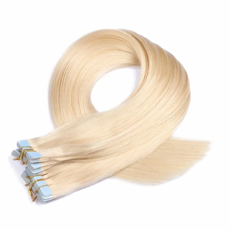 Tape In Human Hair Extensions Remy Virgin Hair Adhesive PU Straight Hai Extensions Skin Weft #60 Blonde 28 30INCH Hair For Women