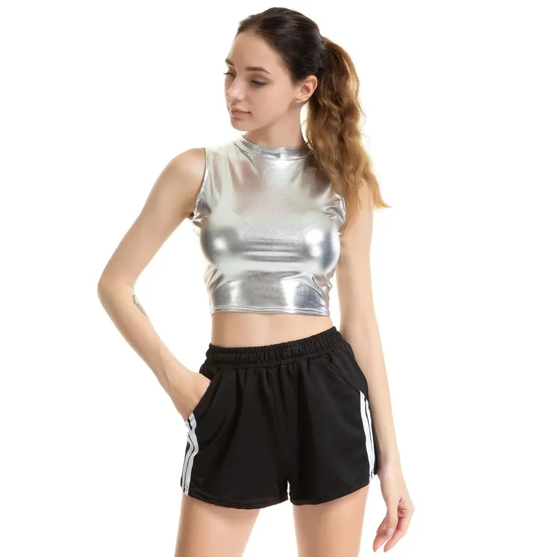 Womens Shiny Metallic Patent Leather Sleeveless Mock Neck Crop Tank Tops Camisole Night Club Party Rave Dance Costume Clubwear