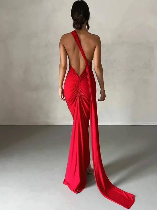 Hugcitar Een Schouder Backless Verstelbare Sjaal Lus Ruches Sexy Maxi Jurk 2025 Vrouwen Elegante Y2K Streetwear Festival Outfit — image 9