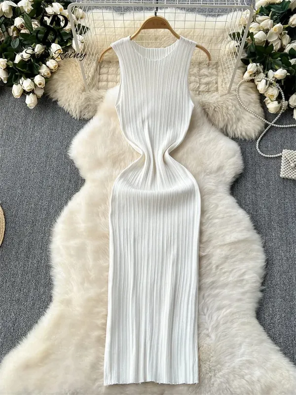 Women Sheath Long Dress O Neck Sleeveless Solid Pleated Knit Elastic Fashion Elegant Stiped Retro Sexy Bodycon Dress — image 6