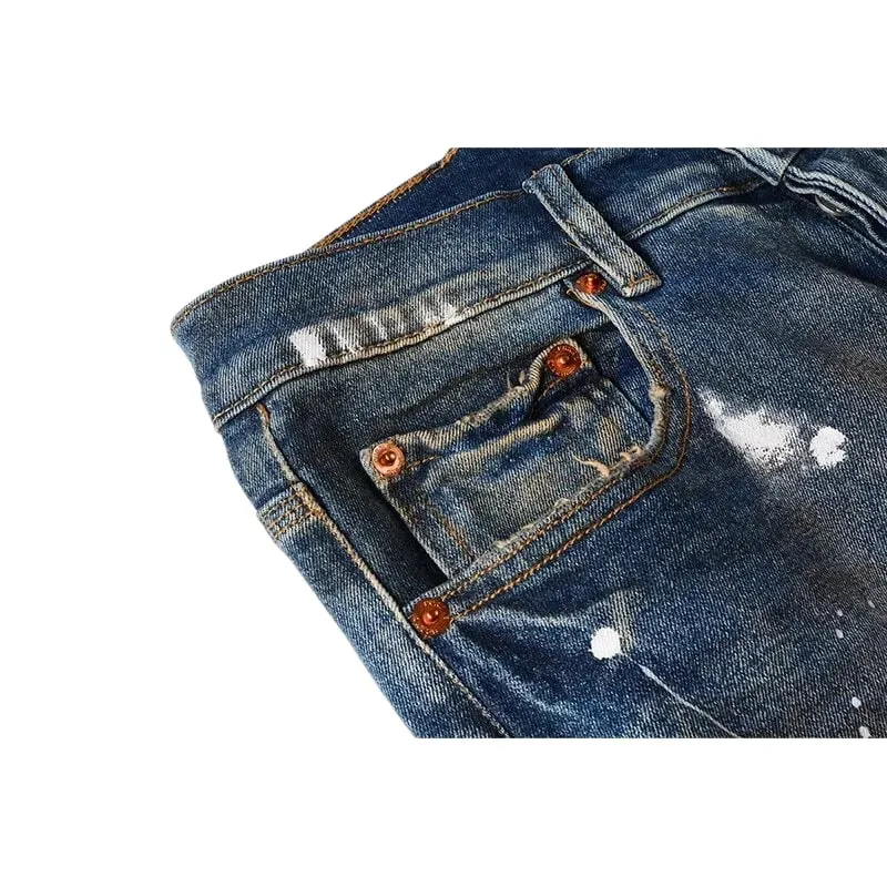 Men's Multiple Ripped Slim Tapered Jeans Vintage Blue Gradient Wash White Paint Splatter Button Fly High Street Style