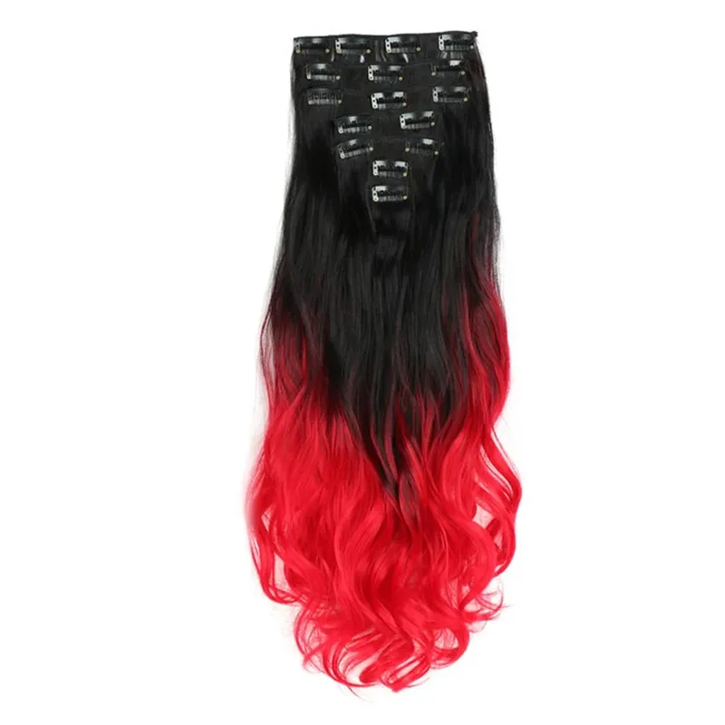 Clip in Hair Extensions Ombre Color Synthetic 7pcs Set Wavy Curly Hairpieces Black to Purple For Women Girls