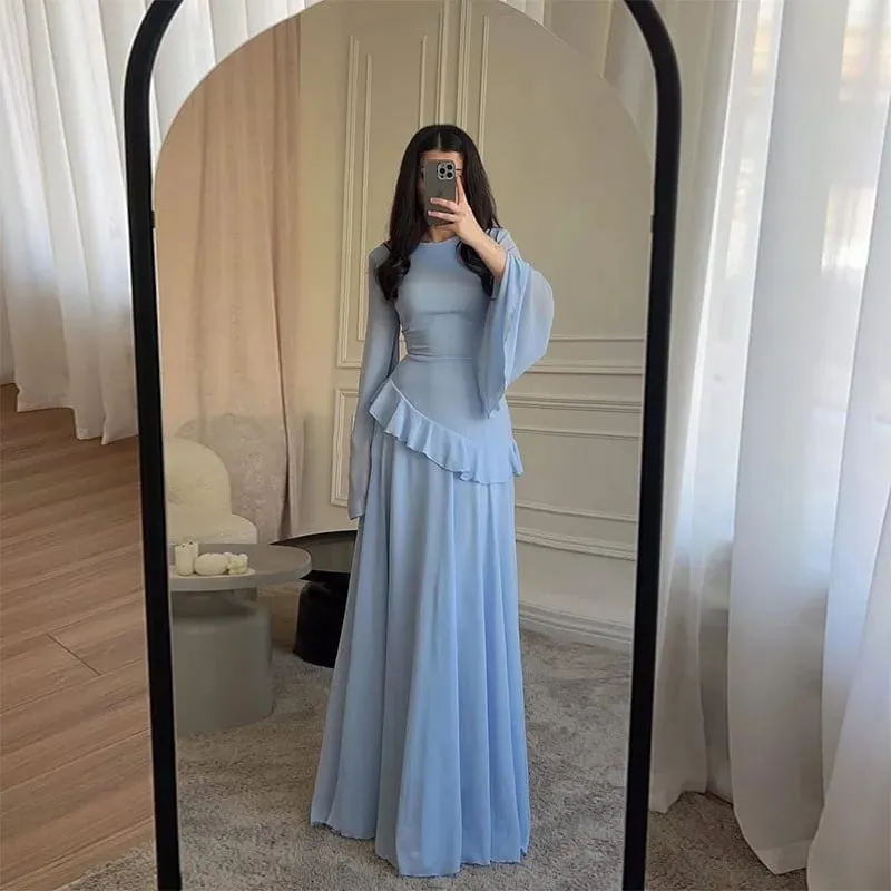 Kvinder Chiffon Solid Flæser Kjole Flare Ærmer Rundhals 2025 Ny Elegant Maxikjole Aftenfest Mode Ferie Dame
