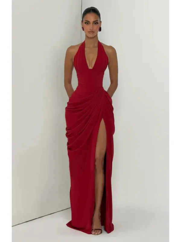 Women Fashion Solid Pleated Halter Dress Waist-cinching Sleeveless Backless Split Maxi Dresses 2026 Sexy Summer Lady Party Gowns