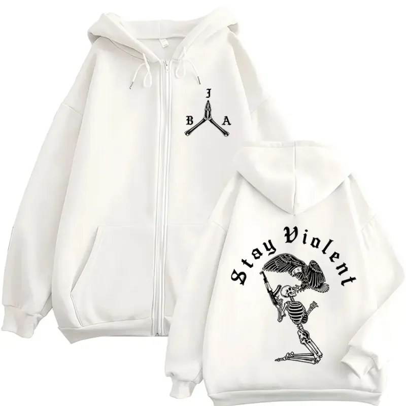 Stay Violent Brothers in Arms Skeleton Printed Zipper Hoodies Men Women Zip Up Hooded Sweatshirts Vintage Pullovers Jackets Coat