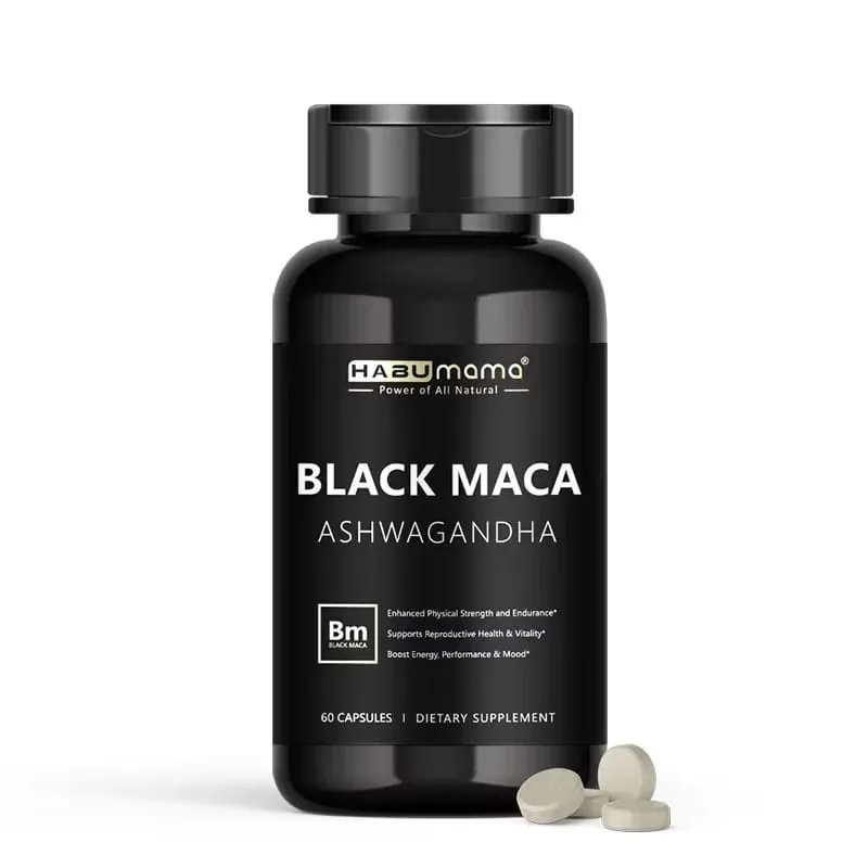 Akar Maca Hitam Organik + Suplemen Ekstrak Ashwagandha untuk Wanita & Lelaki Ketahanan Tenaga Tegang - Pil Vegan