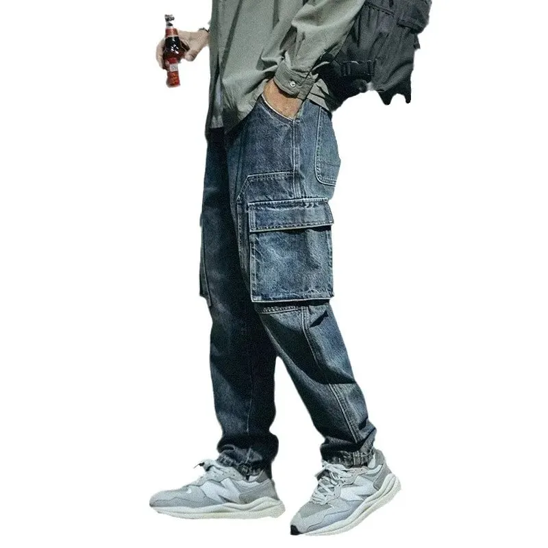 Denim Pant Men Jeans Vintage Wash Cargo Long Pants Loose High Waist Straight Trousers Pocket Y2k Streetwear Elegant Casual 2026