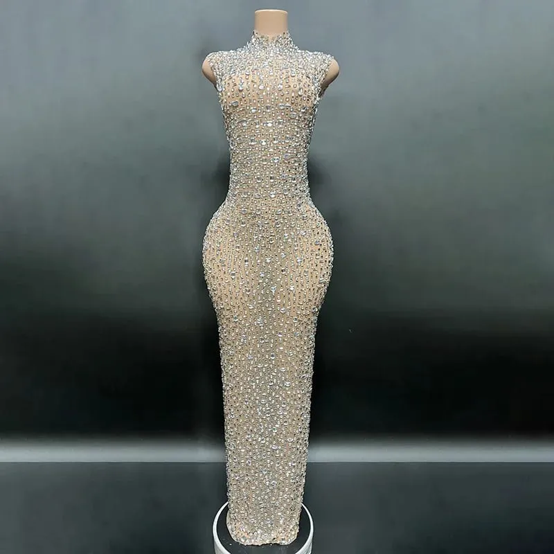 Elegantní luxusní křišťálové společenské šaty Slavnostní narozeninové šaty Nevěsta Diamantové dlouhé plesové šaty Matka Slavnostní slavnostní šaty
