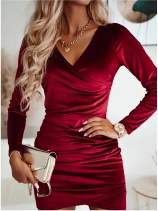 Lady Bodycon jednokolorowa aksamitna sukienka damska dekolt w serek Mini sukienka z długim rękawem jesienno-zimowa impreza sylwestrowa luksusowa sukienka