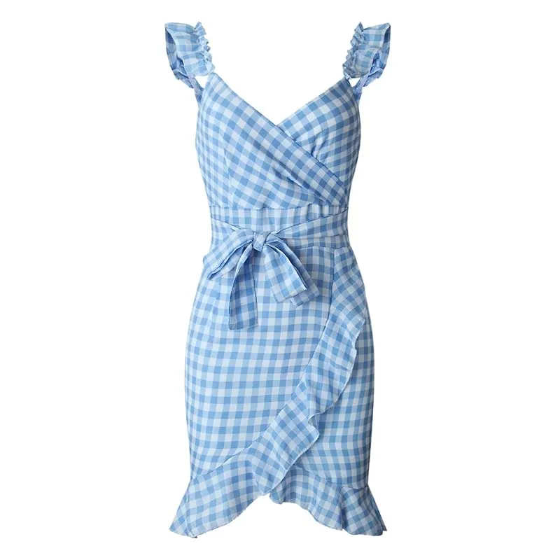 Customizable Plaid Lace Up Bodycon Dress Women Ruffles Summer Dress Off Shoulder V Neck Backless Irregular Bow Tie Dresses