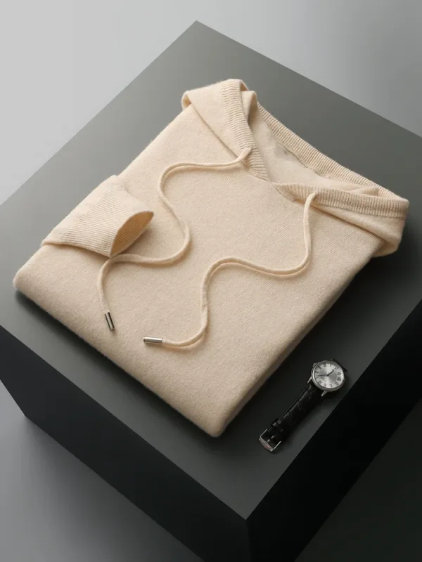 Men's 100% Merino Wool Sweater Hooded Collar Knitted Pullover Sweatshirt Autumn Winter Casual Large Tops Long Sleeved