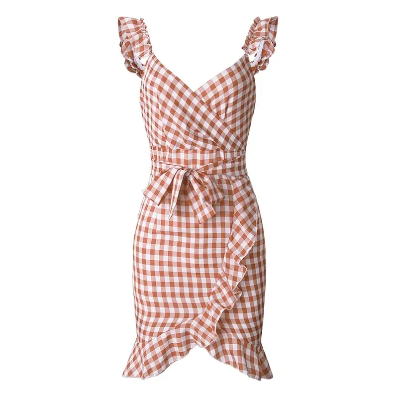 Customizable Plaid Lace Up Bodycon Dress Women Ruffles Summer Dress Off Shoulder V Neck Backless Irregular Bow Tie Dresses