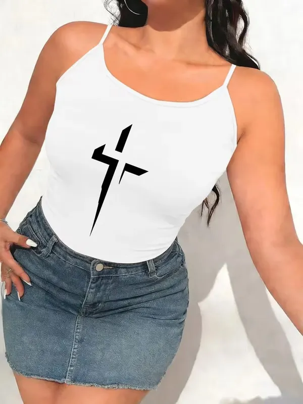 Women Gothic Spaghetti Strap Cami Tank Top Vintage Distressed Cross Print Sleeveless Camisole Y2K Streetwear Casual Summer Tops