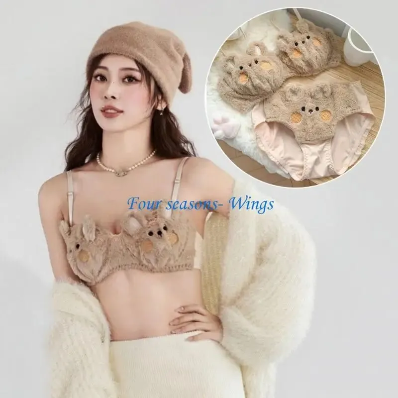 85AF Womens Lolitas 2pcs Plush Bra Panty Set Anime Cosplay Costumes Bear Lingerie Set