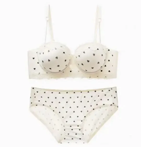 Set reggiseno in pizzo a cuore per ragazze dolci Lingerie push up sexy per seno piccolo Intimo con supporto laterale anti-cedimento 32‑38AB Set reggiseno