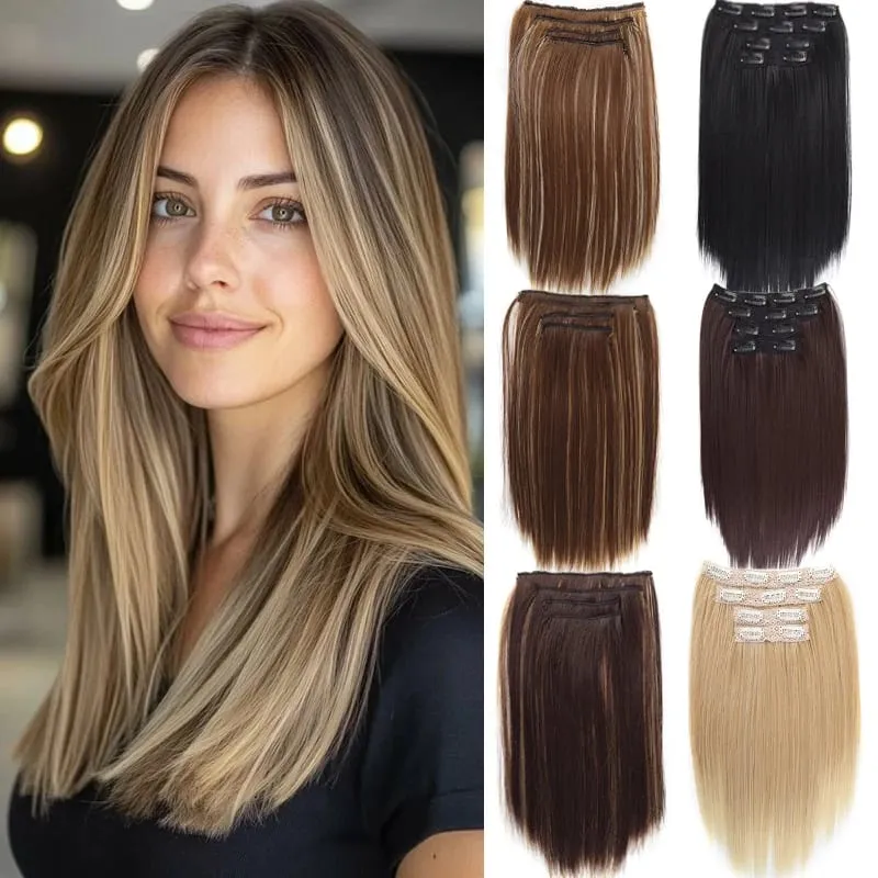 Syntetisk 4st Clip in Hair Extensions 14 tums raka hårförlängningar med BB Clips Osynligt sömlöst hårstycke för kvinnor